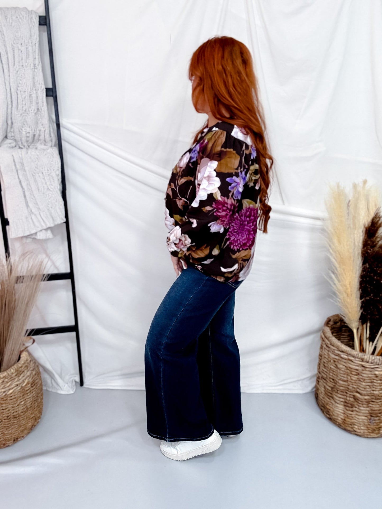 Mystic Violet Floral Print Balloon Sleeve Top W/ Split Neckline - Whiskey Skies - ODDI