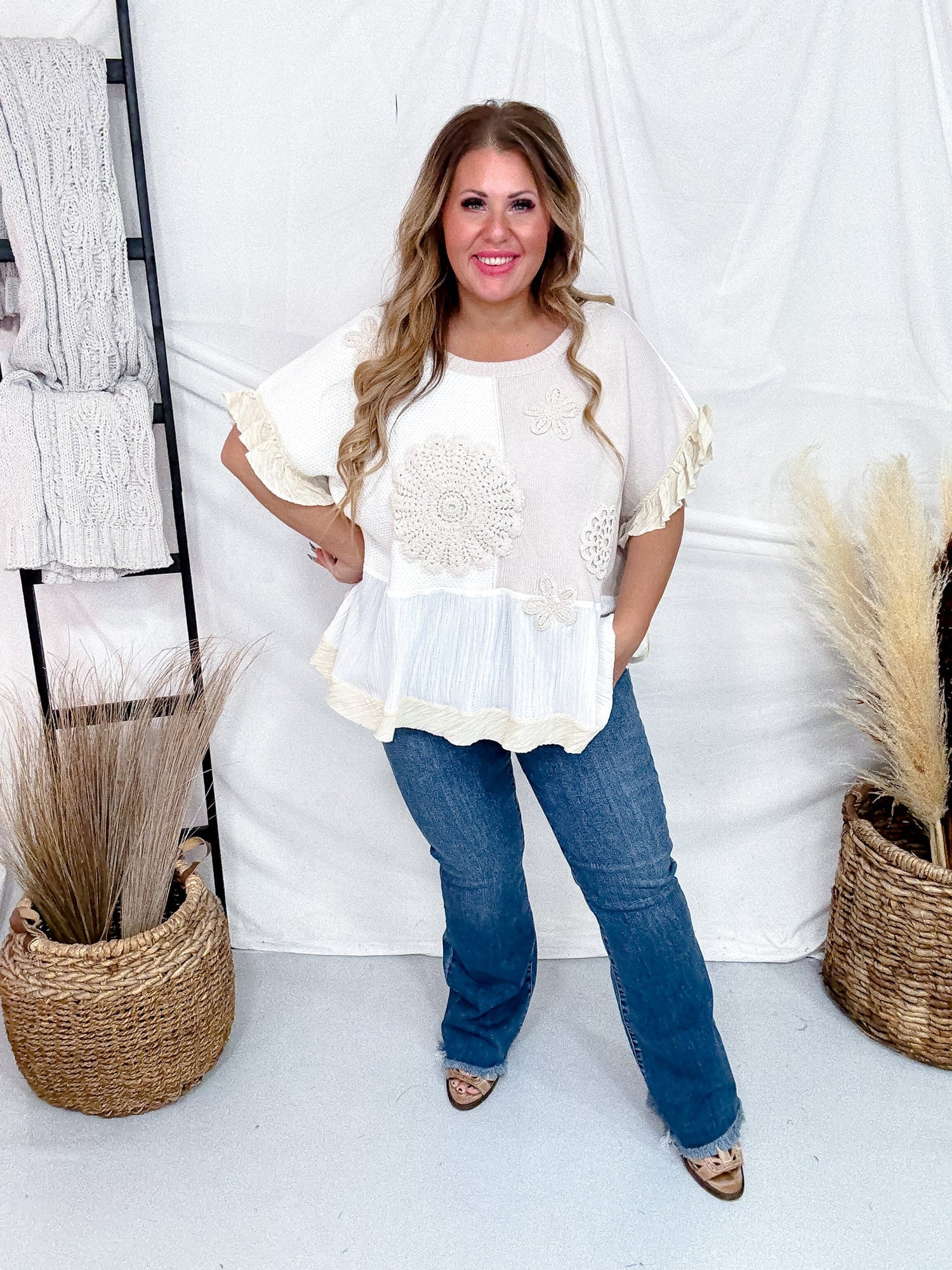 Natural Coloring Textured Patchwork Short Sleeve Floral Sweater Top - Whiskey Skies - DAVI & DANI