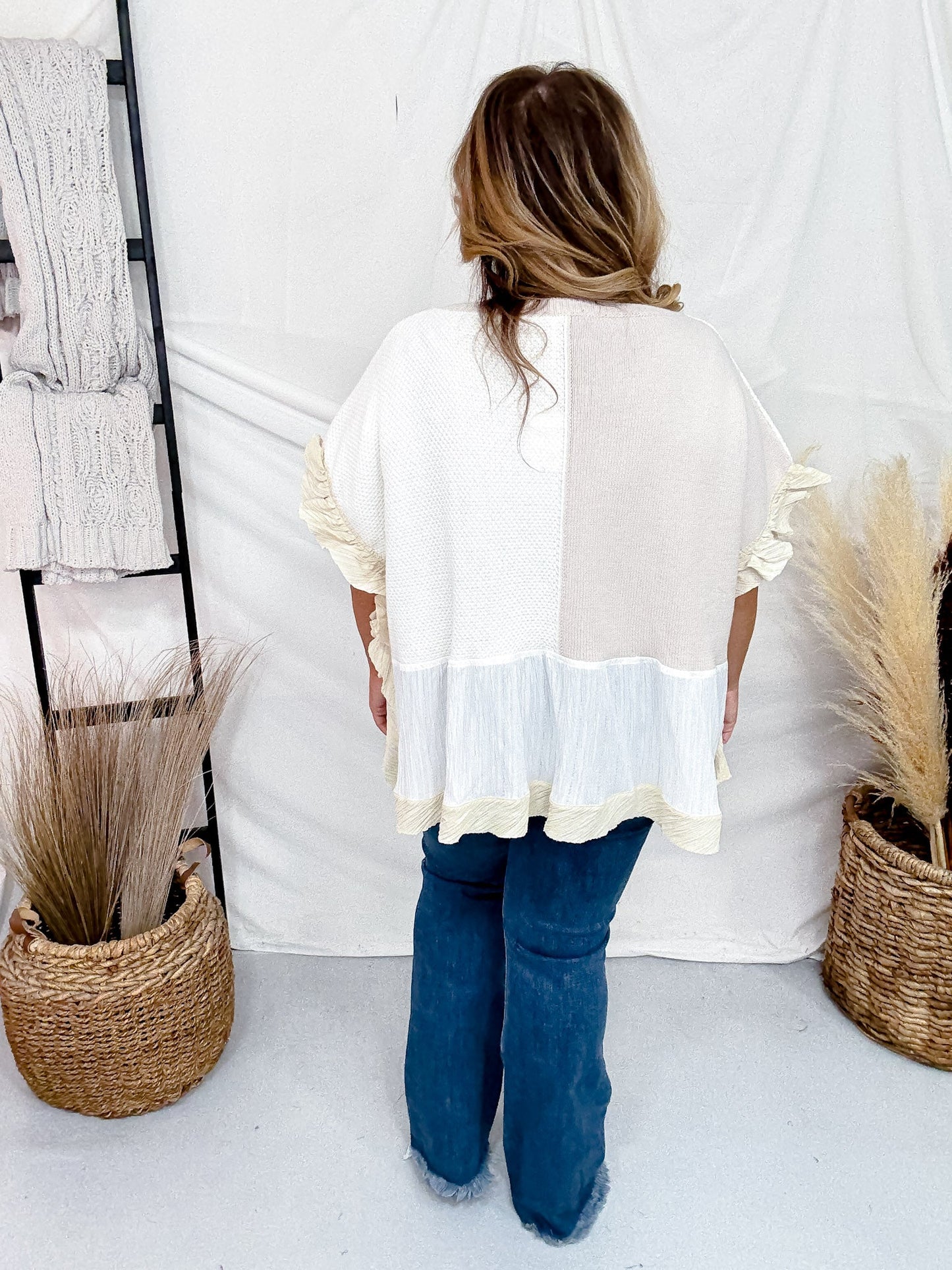 Natural Coloring Textured Patchwork Short Sleeve Floral Sweater Top - Whiskey Skies - DAVI & DANI
