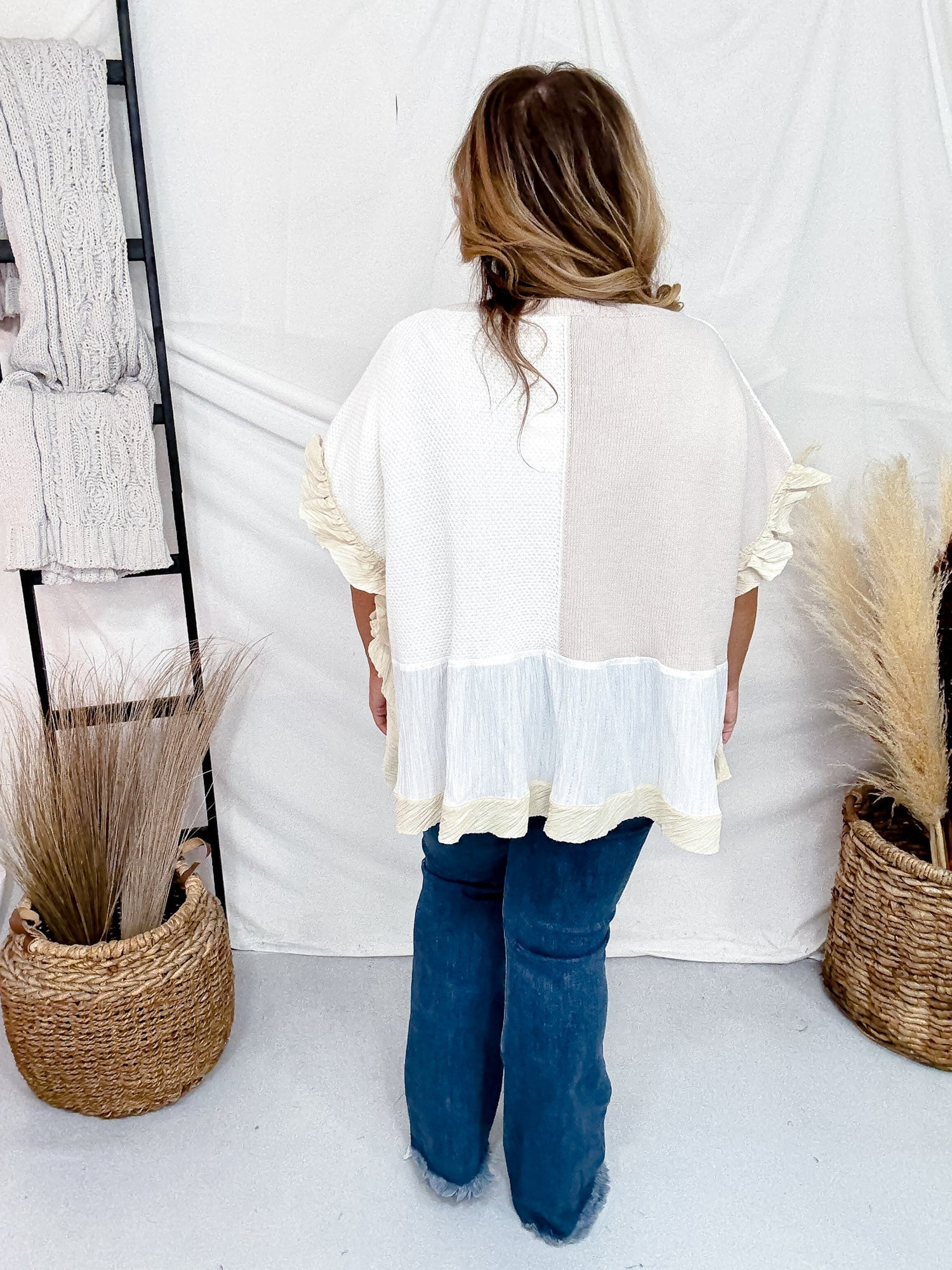 Natural Coloring Textured Patchwork Short Sleeve Floral Sweater Top - Whiskey Skies - DAVI & DANI