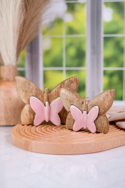 Natural Wood and Shimmery Pink Butterfly Blocks (2 Sizes) - Whiskey Skies - WT COLLECTION