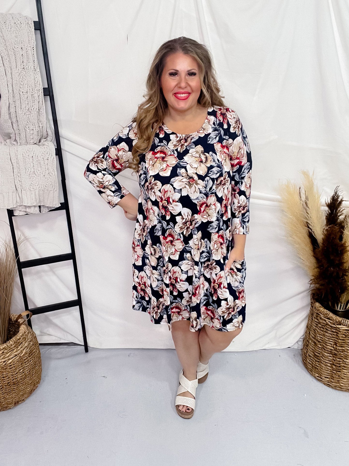 Navy A - Line Dress with Magnolia Floral Pattern - Whiskey Skies - DEAR SCARLETT