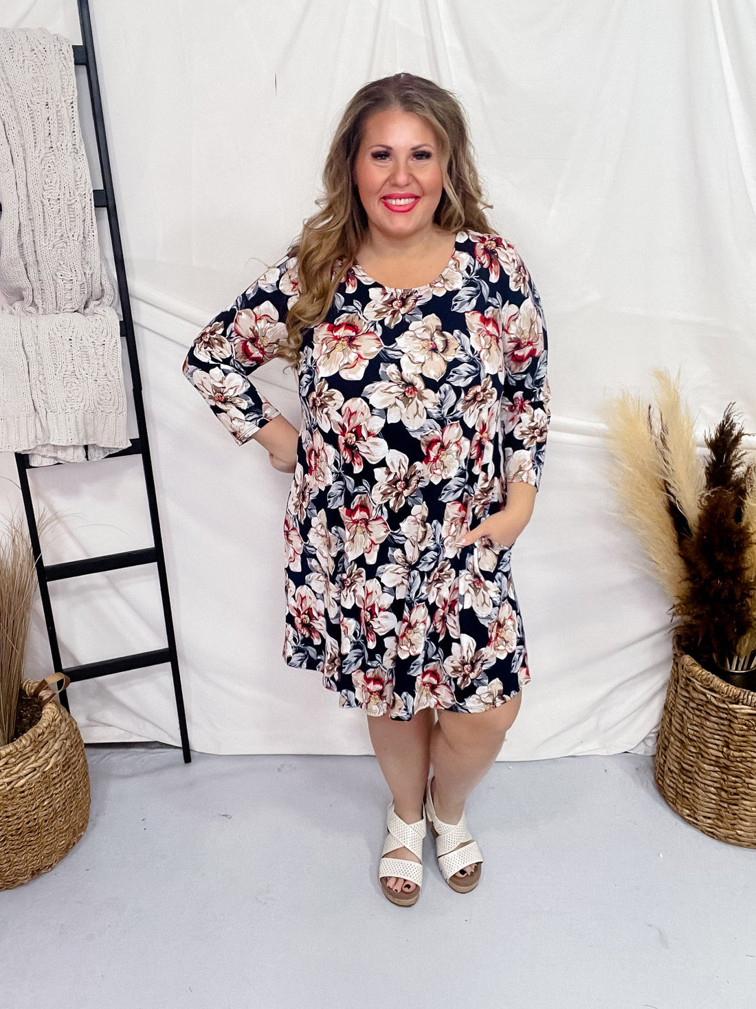 Navy A - Line Dress with Magnolia Floral Pattern - Whiskey Skies - DEAR SCARLETT