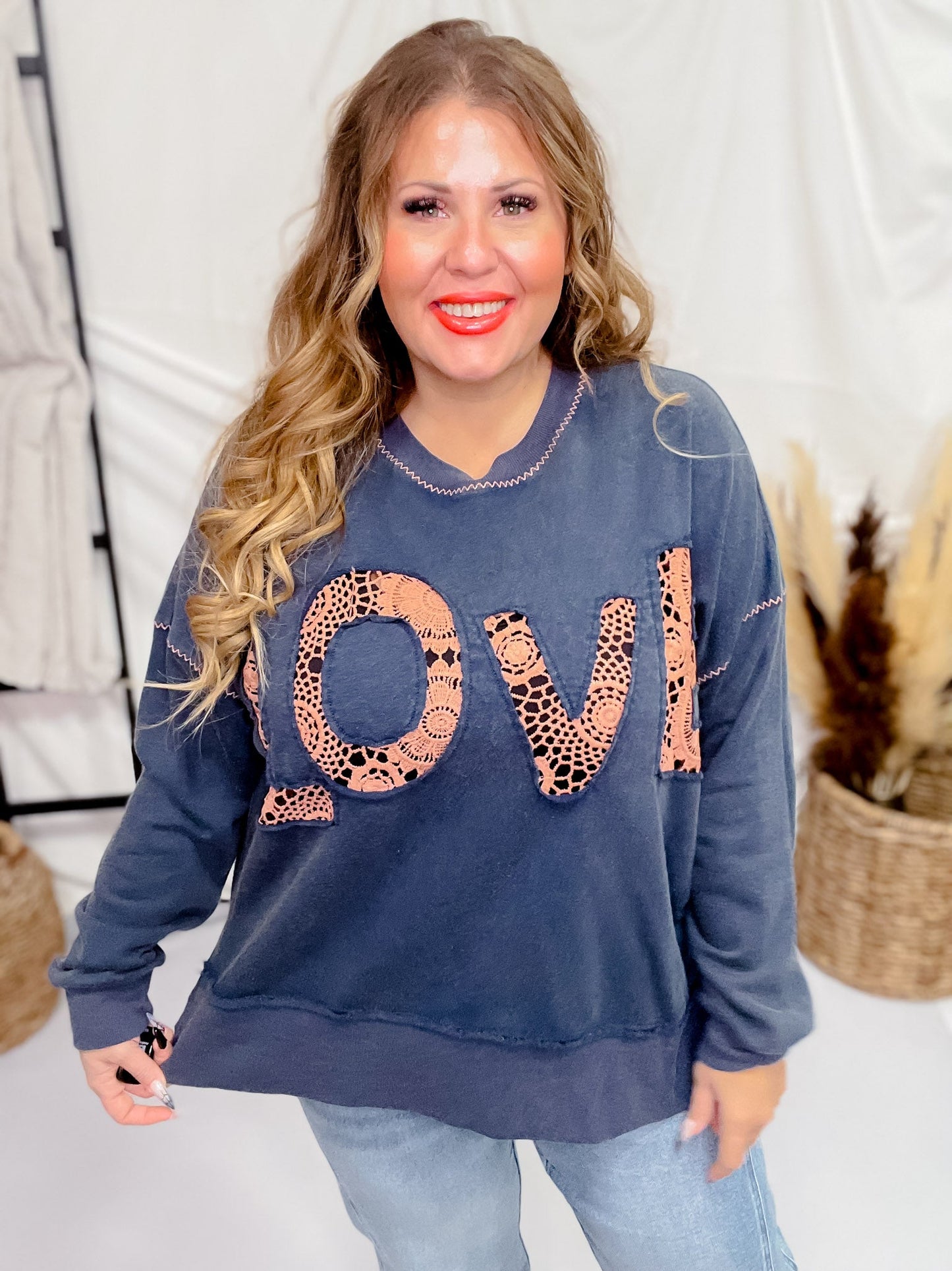 Navy Acid Washed Lace Love Sweatshirt - Whiskey Skies - ODDI