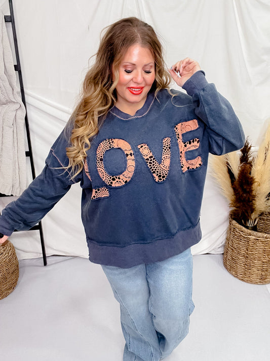 Navy Acid Washed Lace Love Sweatshirt - Whiskey Skies - ODDI