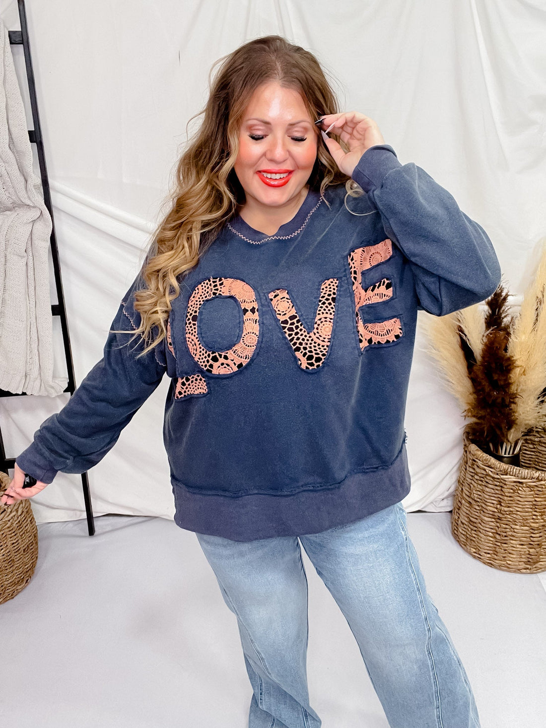 Navy Acid Washed Lace Love Sweatshirt - Whiskey Skies - ODDI