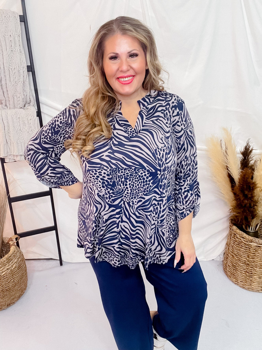 Navy and Grey Animal Print Lizzy Top - Whiskey Skies - DEAR SCARLETT