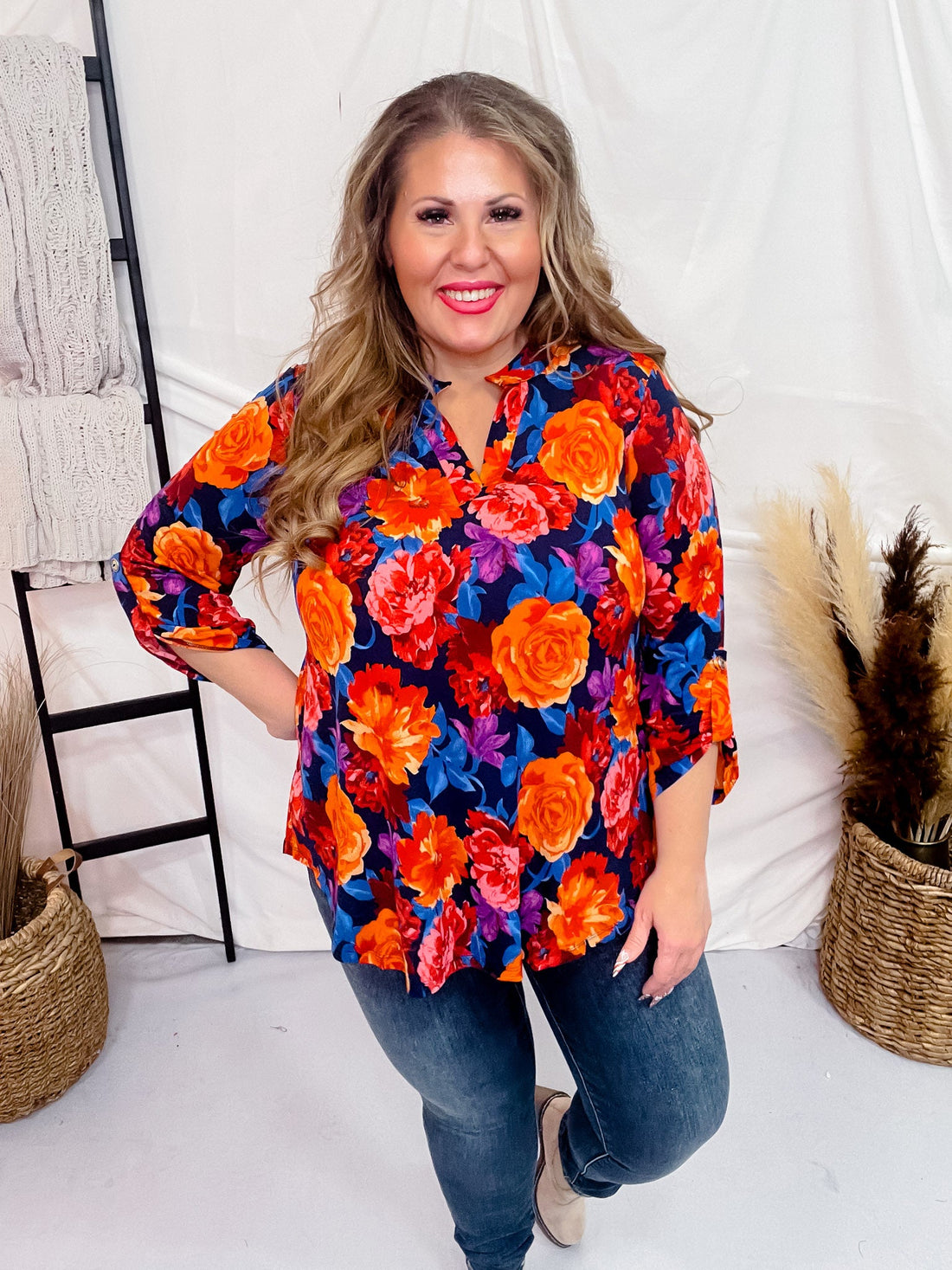 Navy and Orange Rose Patterned Lizzy Top - Whiskey Skies - DEAR SCARLETT