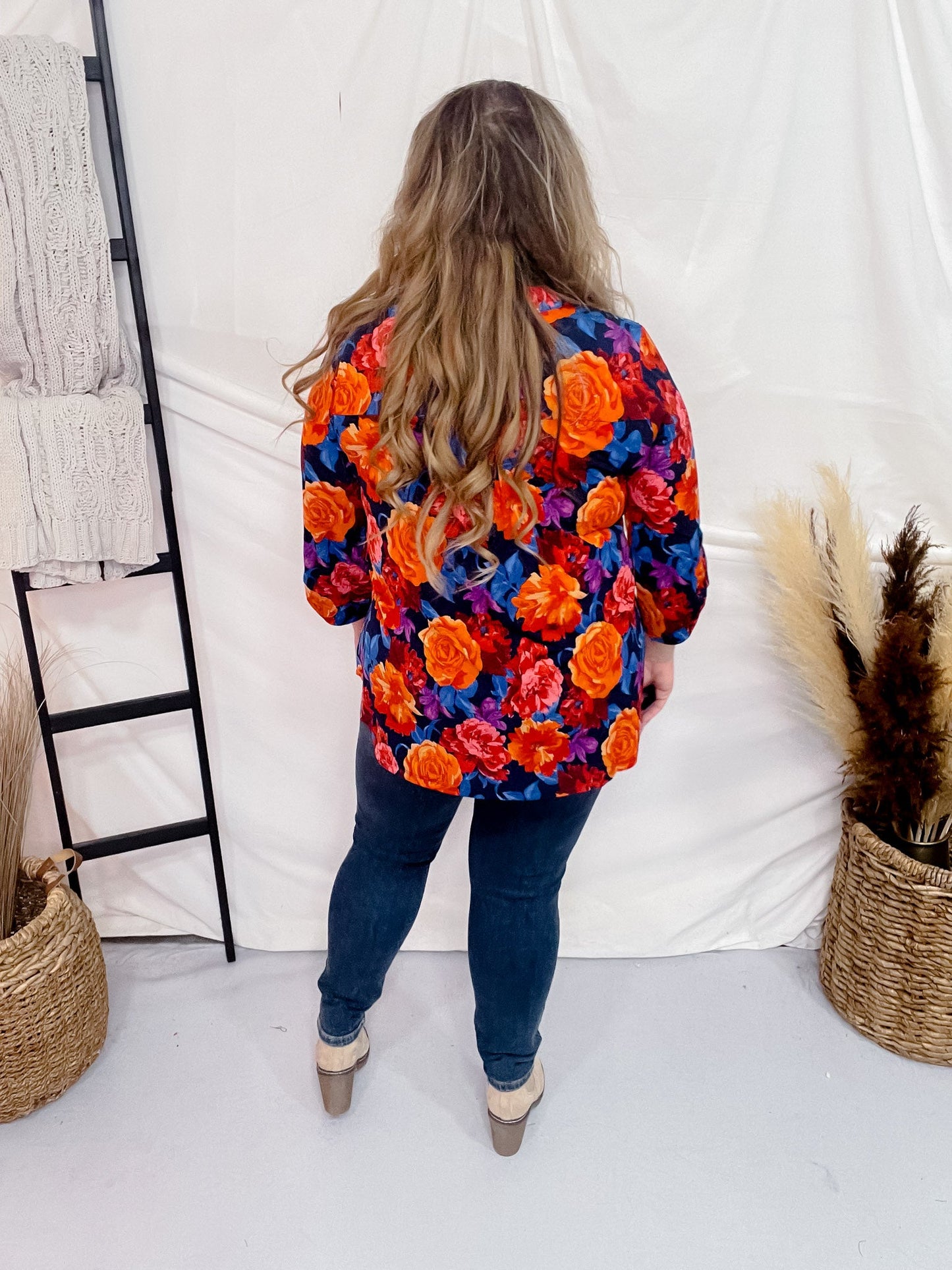 Navy and Orange Rose Patterned Lizzy Top - Whiskey Skies - DEAR SCARLETT