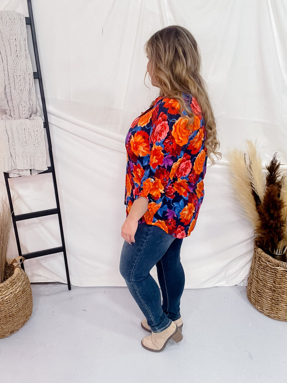 Navy and Orange Rose Patterned Lizzy Top - Whiskey Skies - DEAR SCARLETT