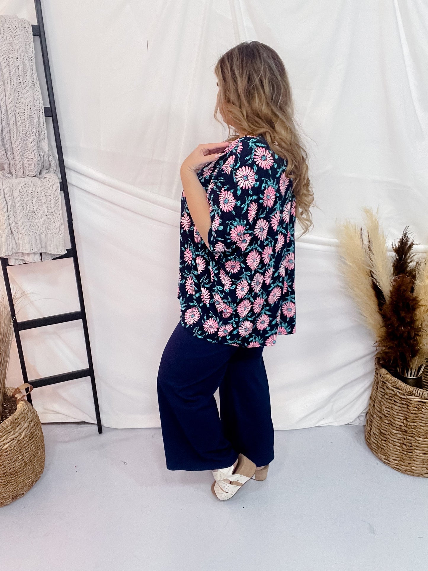 Navy and Pink Daisy Flowy Dolman Sleeve Top - Whiskey Skies - DEAR SCARLETT