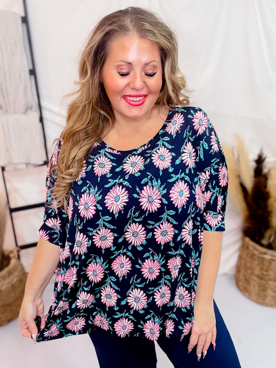 Navy and Pink Daisy Flowy Dolman Sleeve Top - Whiskey Skies - DEAR SCARLETT