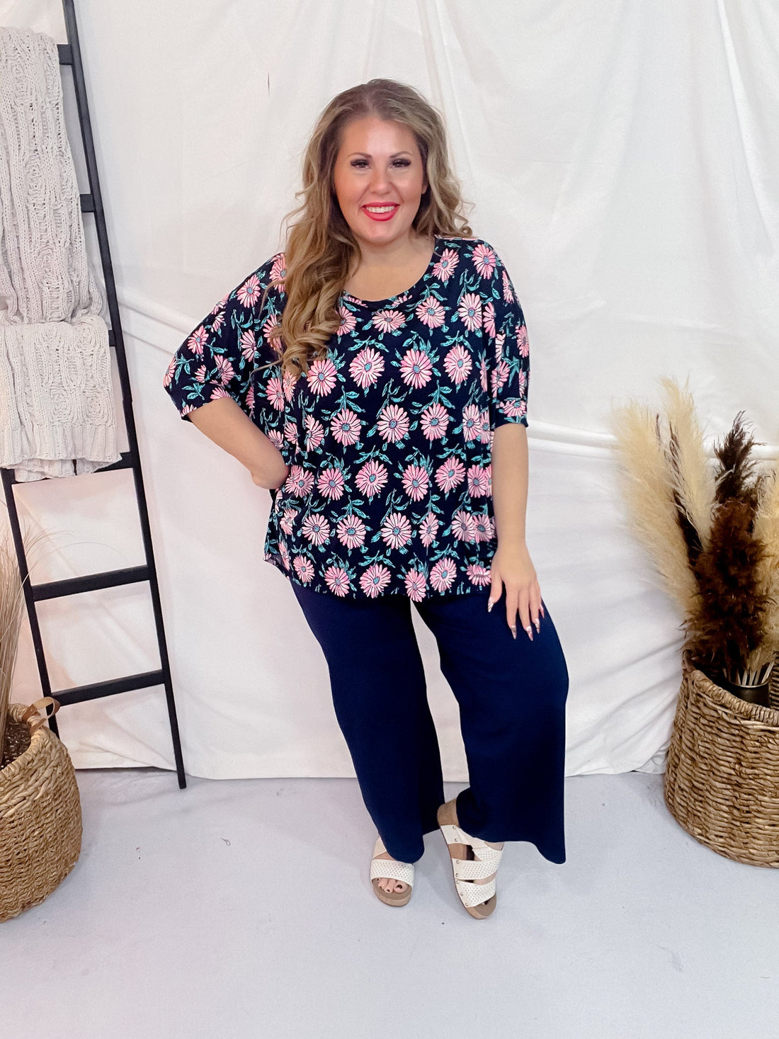 Navy and Pink Daisy Flowy Dolman Sleeve Top - Whiskey Skies - DEAR SCARLETT