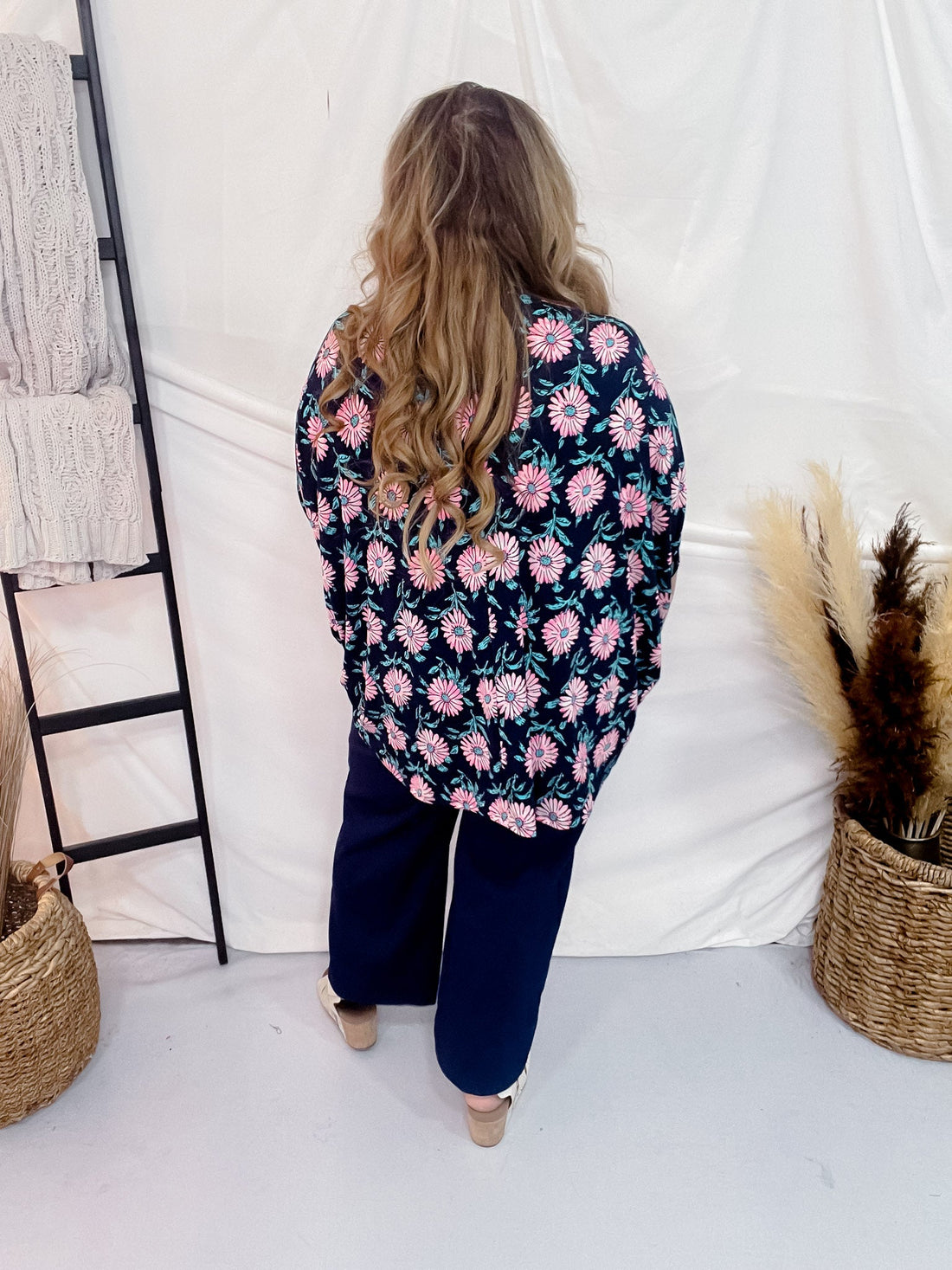 Navy and Pink Daisy Flowy Dolman Sleeve Top - Whiskey Skies - DEAR SCARLETT