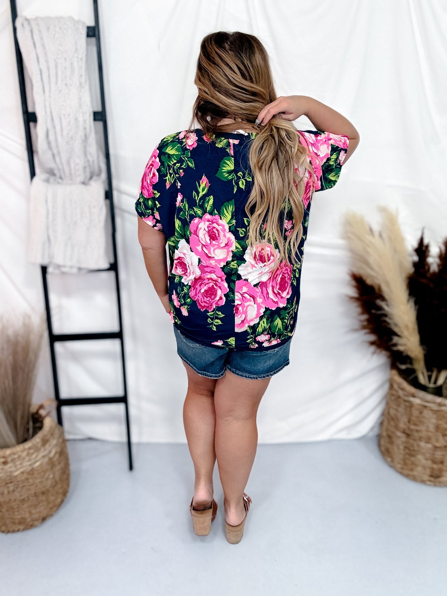 Navy and Pink Rose Print Dolman Sleeve Top - Whiskey Skies - DEAR SCARLETT