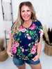 Navy and Pink Rose Print Dolman Sleeve Top - Whiskey Skies - DEAR SCARLETT
