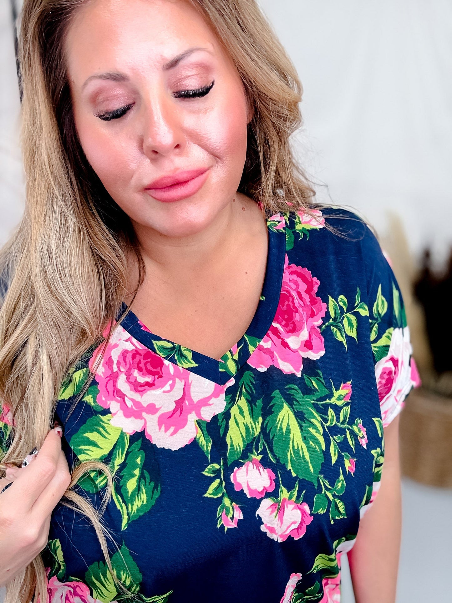 Navy and Pink Rose Print Dolman Sleeve Top - Whiskey Skies - DEAR SCARLETT