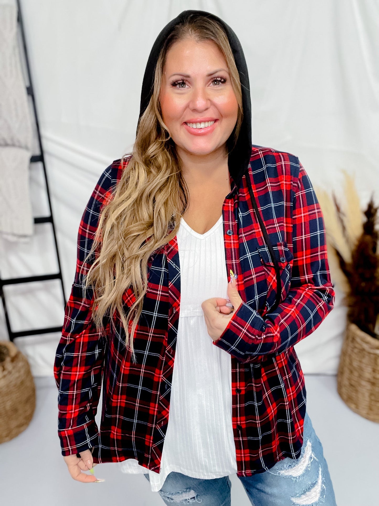 Navy and Red Plaid Button Down Shirt with Contrasting Hood - Whiskey Skies - DNA COUTURE