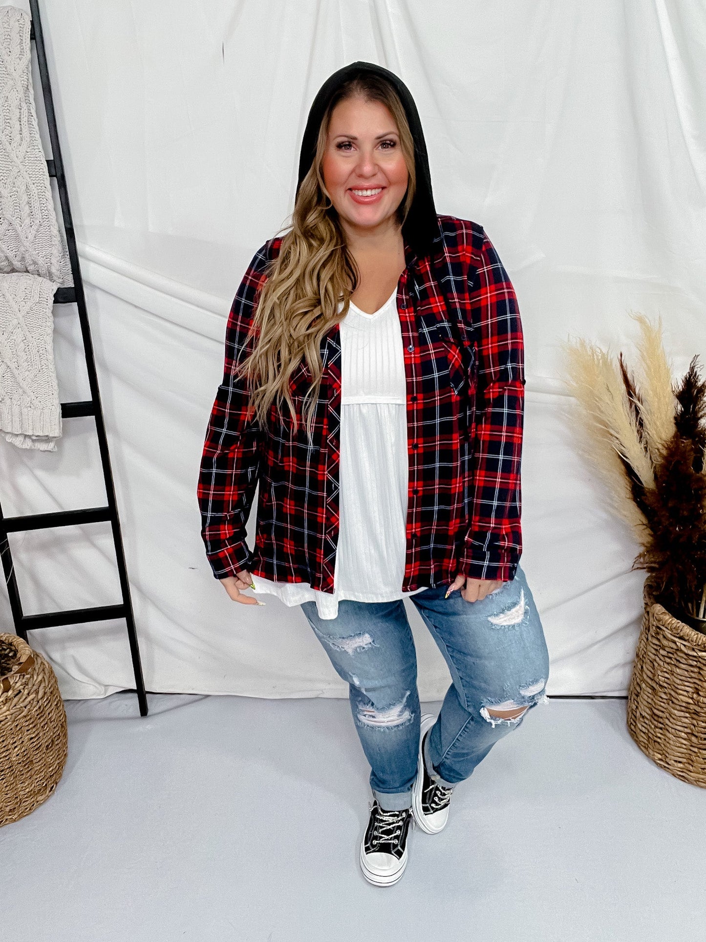 Navy and Red Plaid Button Down Shirt with Contrasting Hood - Whiskey Skies - DNA COUTURE