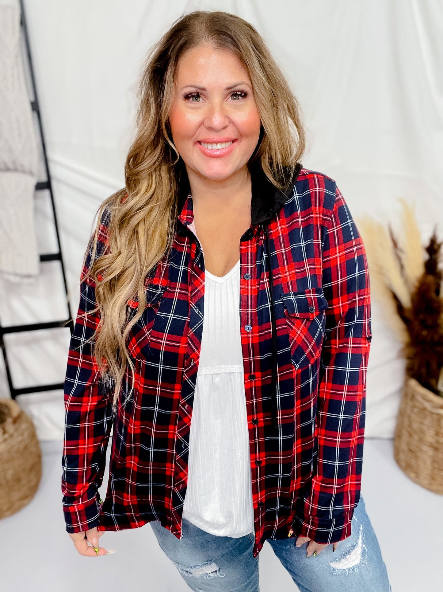 Navy and Red Plaid Button Down Shirt with Contrasting Hood - Whiskey Skies - DNA COUTURE