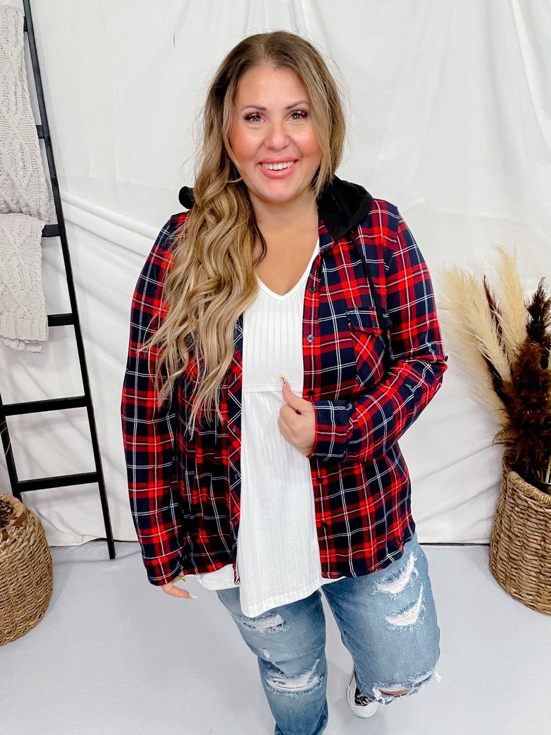 Navy and Red Plaid Button Down Shirt with Contrasting Hood - Whiskey Skies - DNA COUTURE