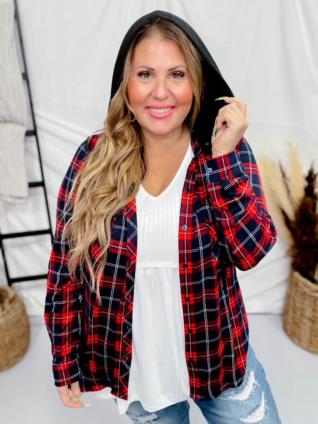 Navy and Red Plaid Button Down Shirt with Contrasting Hood - Whiskey Skies - DNA COUTURE