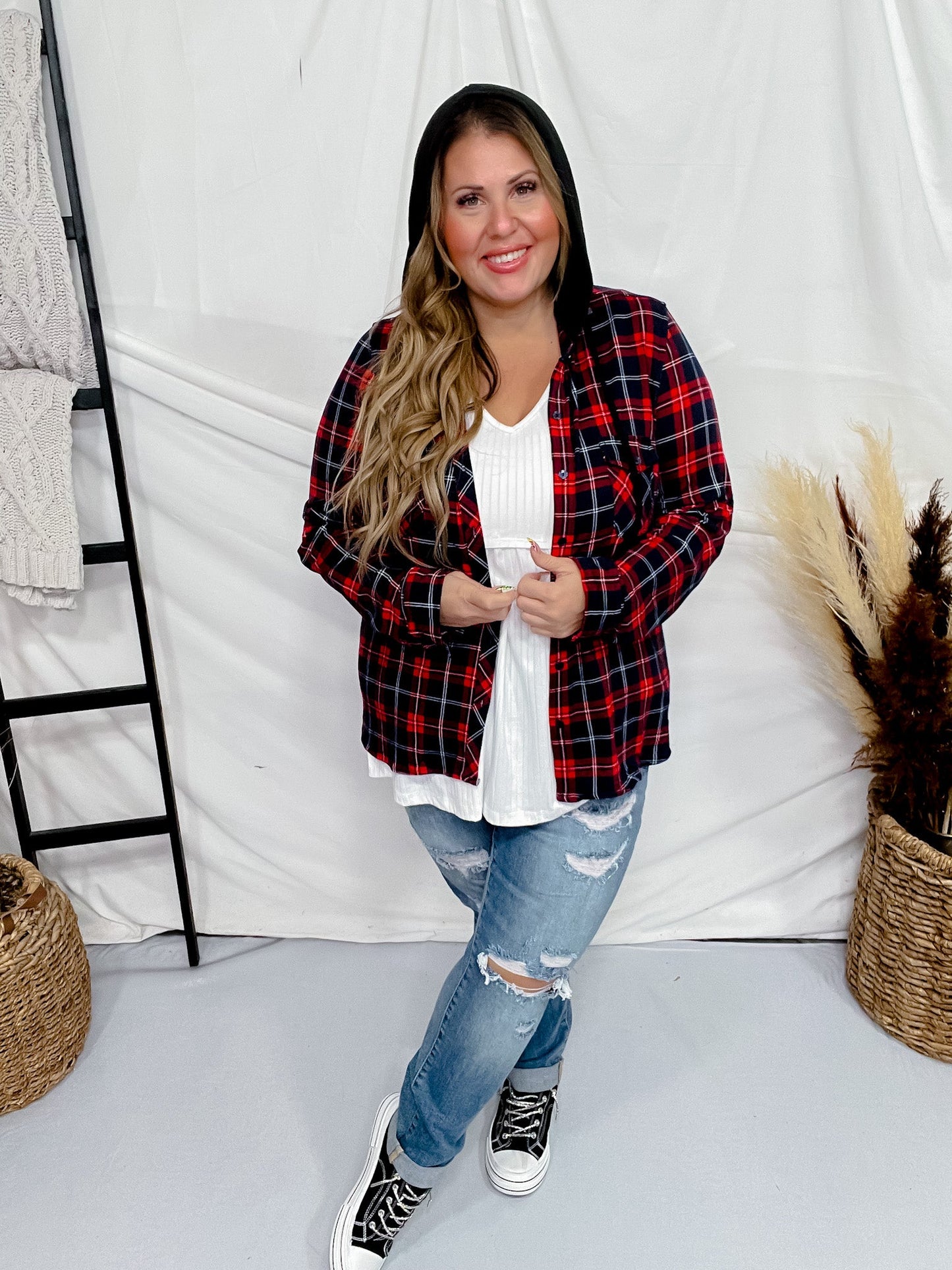 Navy and Red Plaid Button Down Shirt with Contrasting Hood - Whiskey Skies - DNA COUTURE