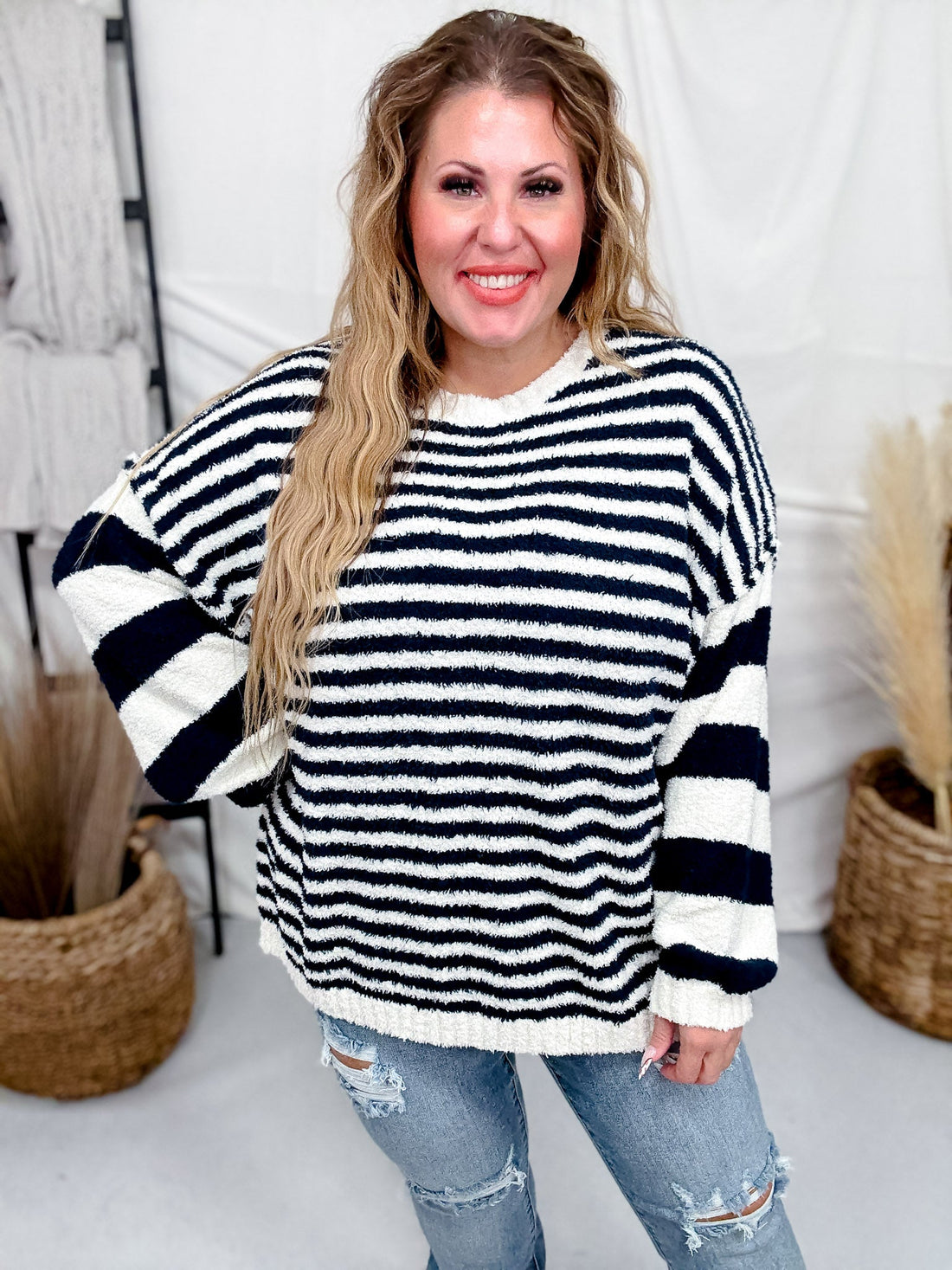 Navy And White Striped Pullover Sweater - Whiskey Skies - HAYDEN