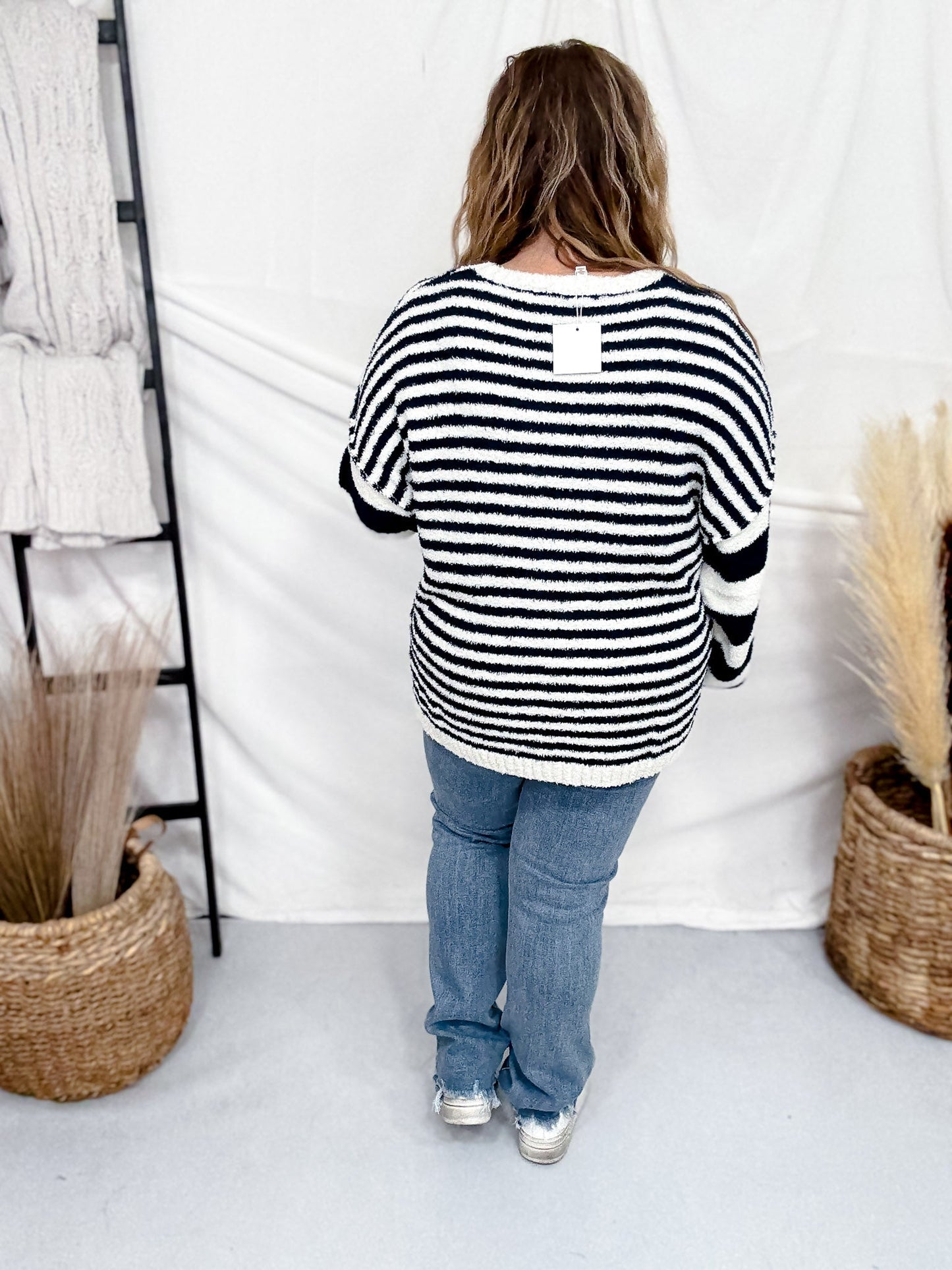 Navy And White Striped Pullover Sweater - Whiskey Skies - HAYDEN