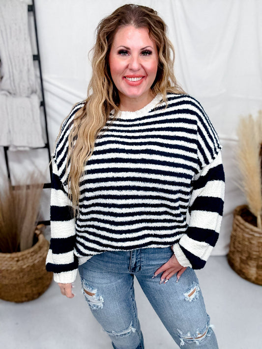 Navy And White Striped Pullover Sweater - Whiskey Skies - HAYDEN