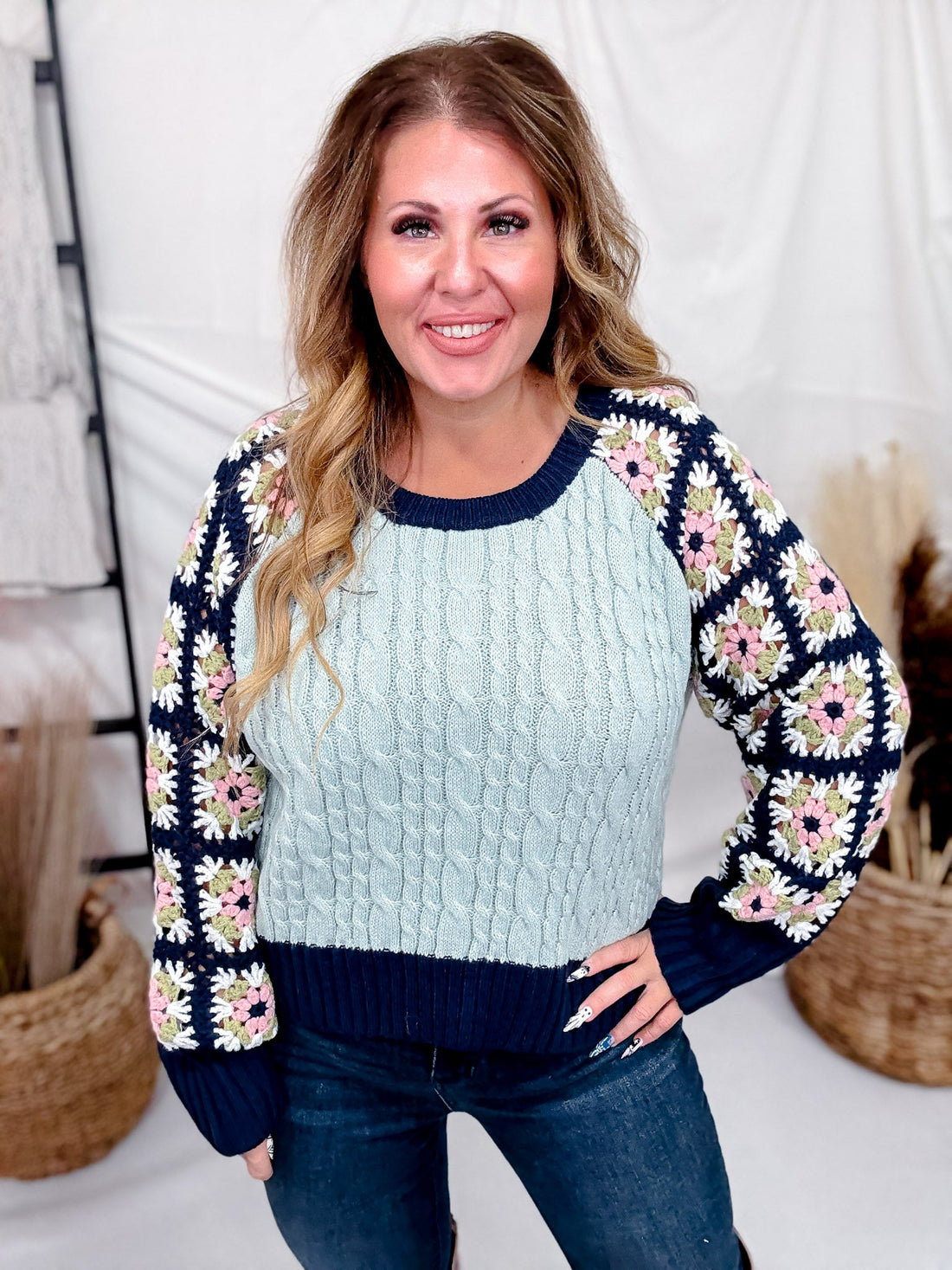 Navy & Aqua Cable Knit Sweater With Crochet Sleeves - Whiskey Skies - DAVI & DANI