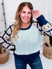Navy & Aqua Cable Knit Sweater With Crochet Sleeves - Whiskey Skies - DAVI & DANI