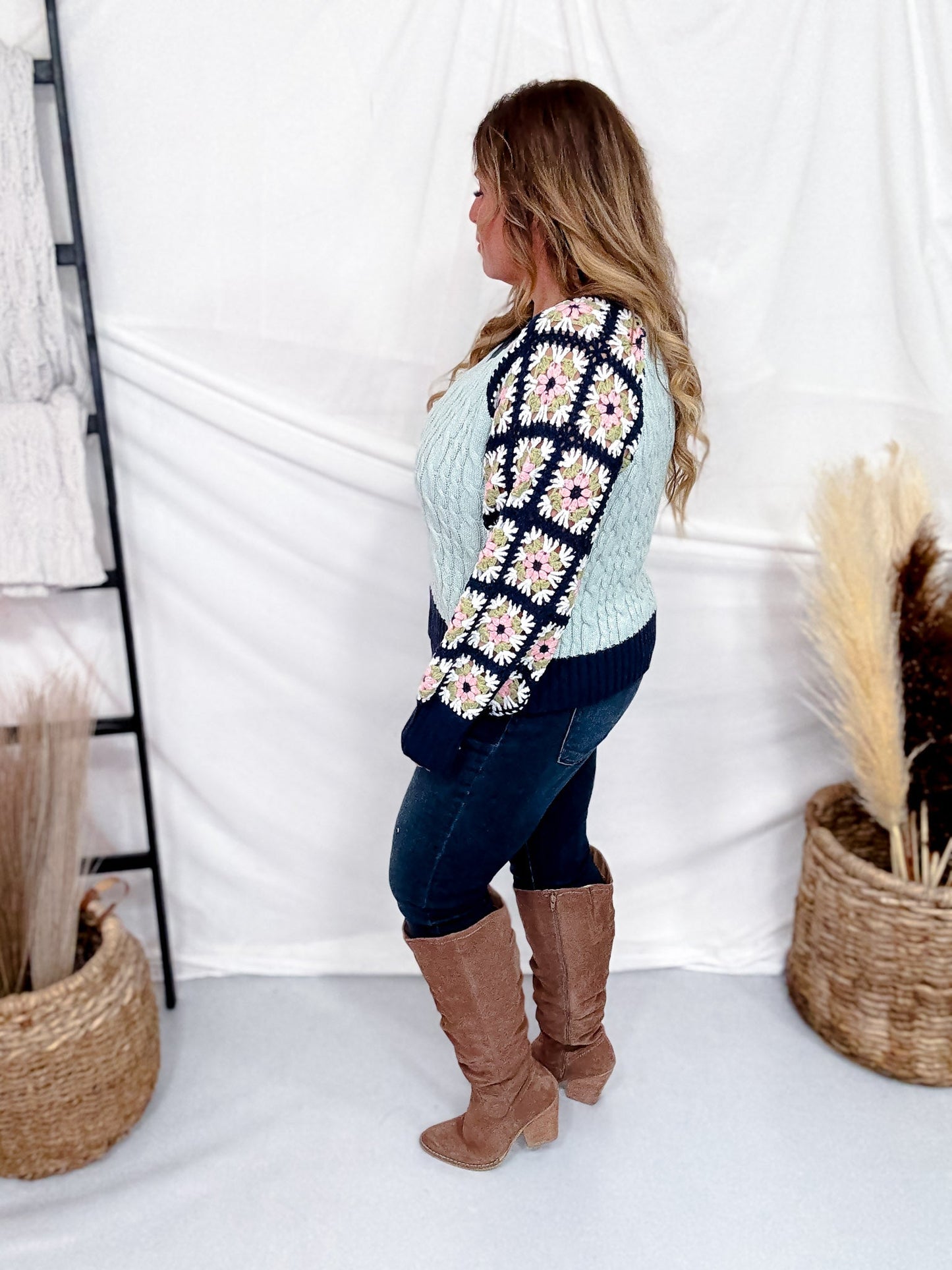 Navy & Aqua Cable Knit Sweater With Crochet Sleeves - Whiskey Skies - DAVI & DANI