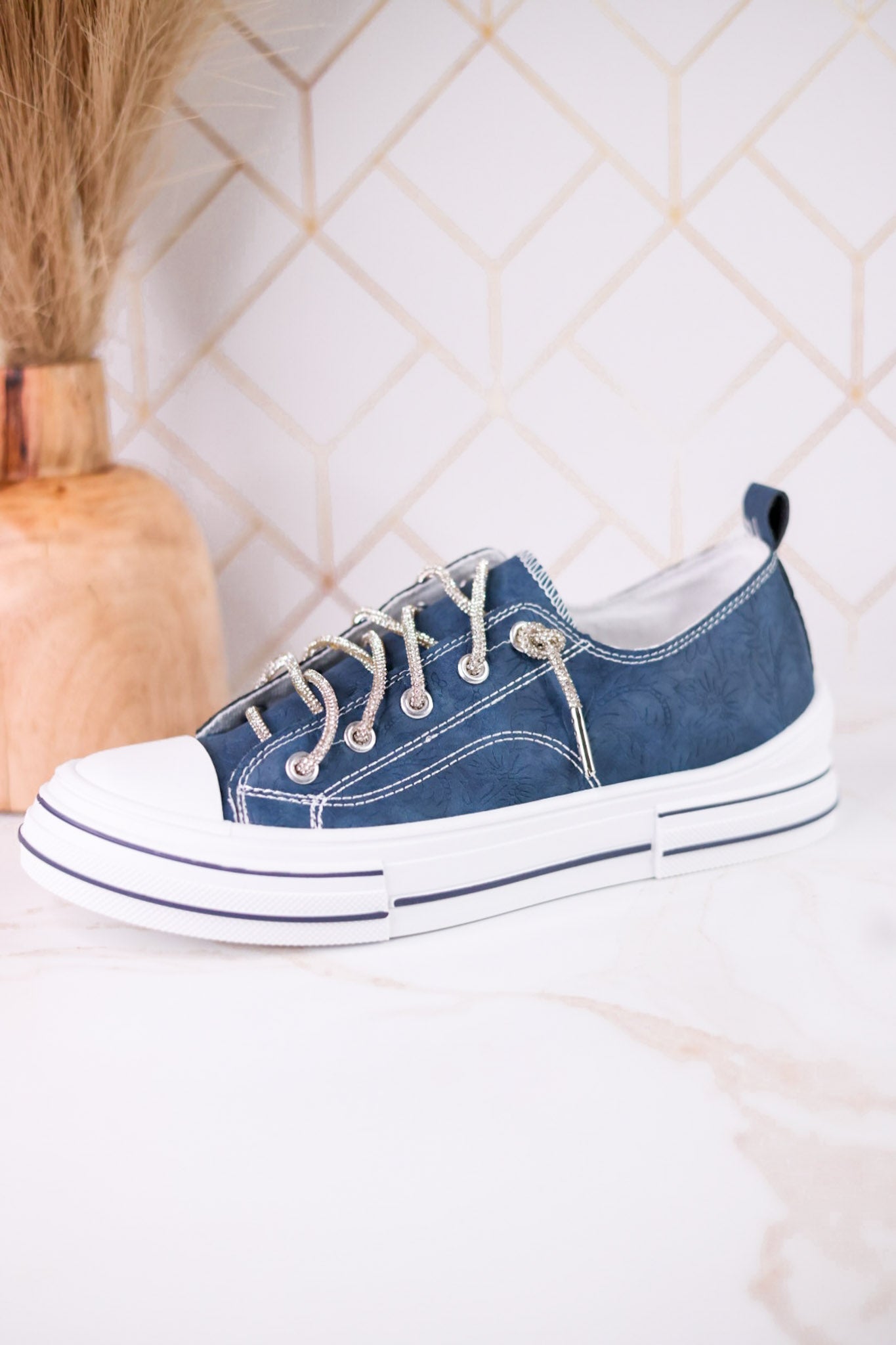 Navy Blue Faux Leather Aman Sneakers With Floral Tooling - Whiskey Skies - VERY G