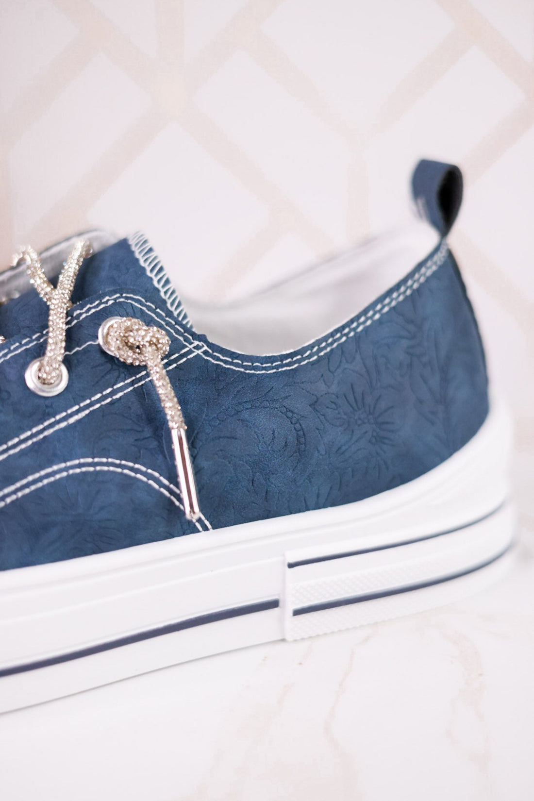Navy Blue Faux Leather Aman Sneakers With Floral Tooling - Whiskey Skies - VERY G