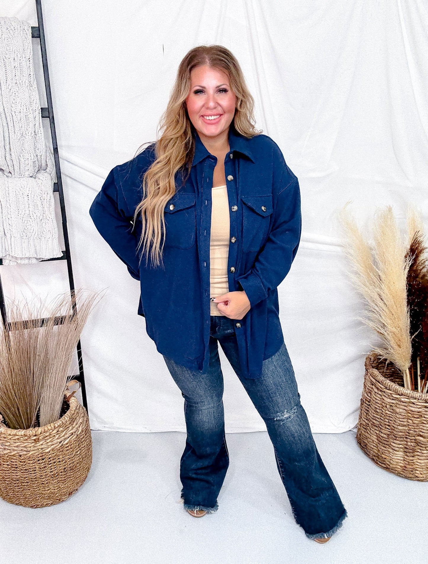 Navy Blue Fleece Shacket - Whiskey Skies - WHITE BIRCH