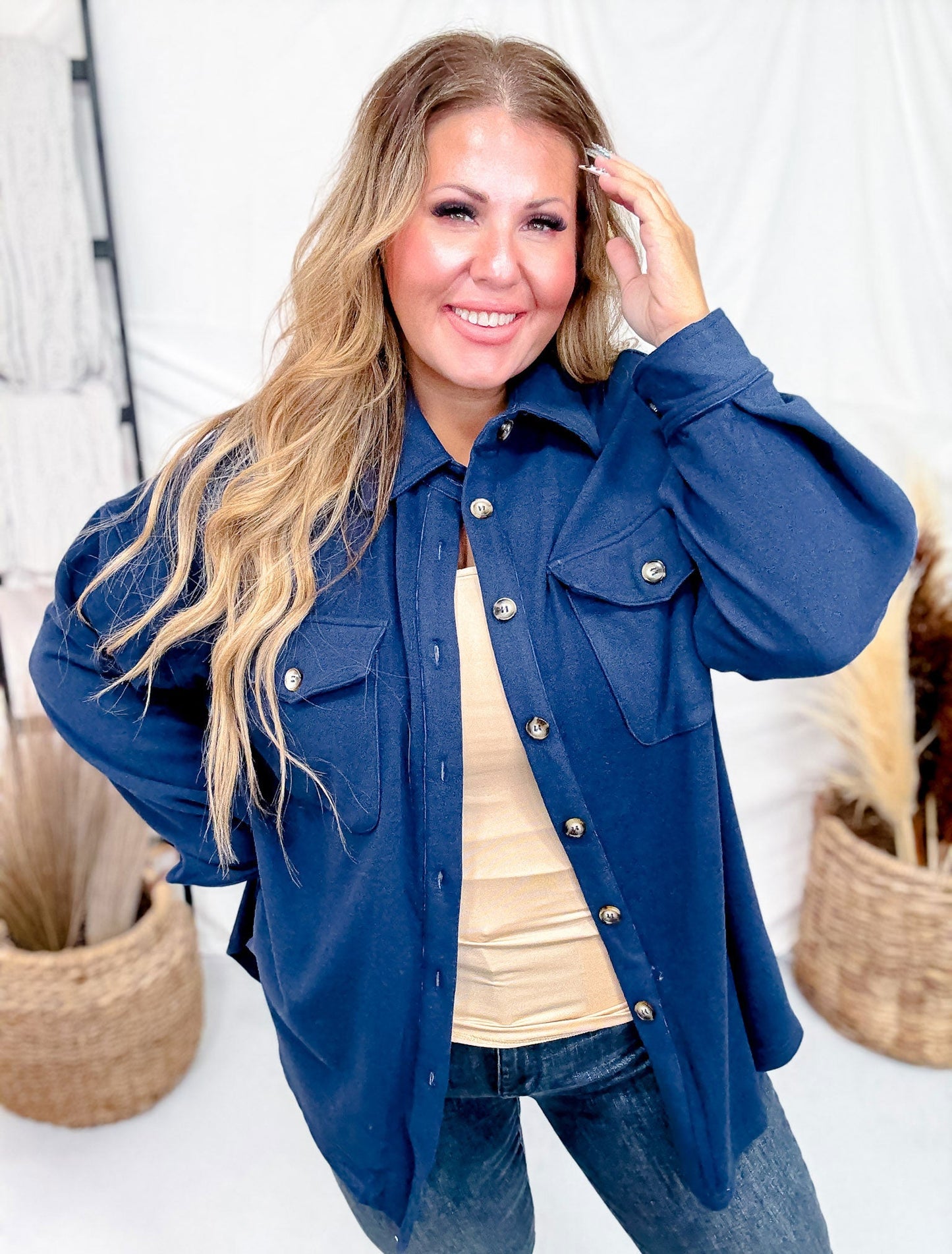 Navy Blue Fleece Shacket - Whiskey Skies - WHITE BIRCH