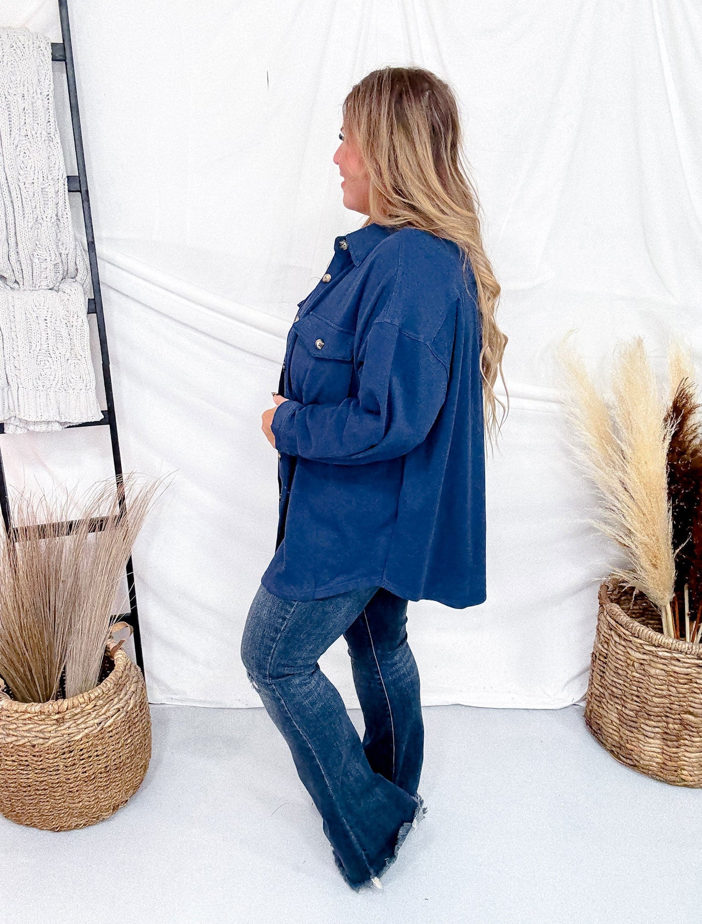 Navy Blue Fleece Shacket - Whiskey Skies - WHITE BIRCH