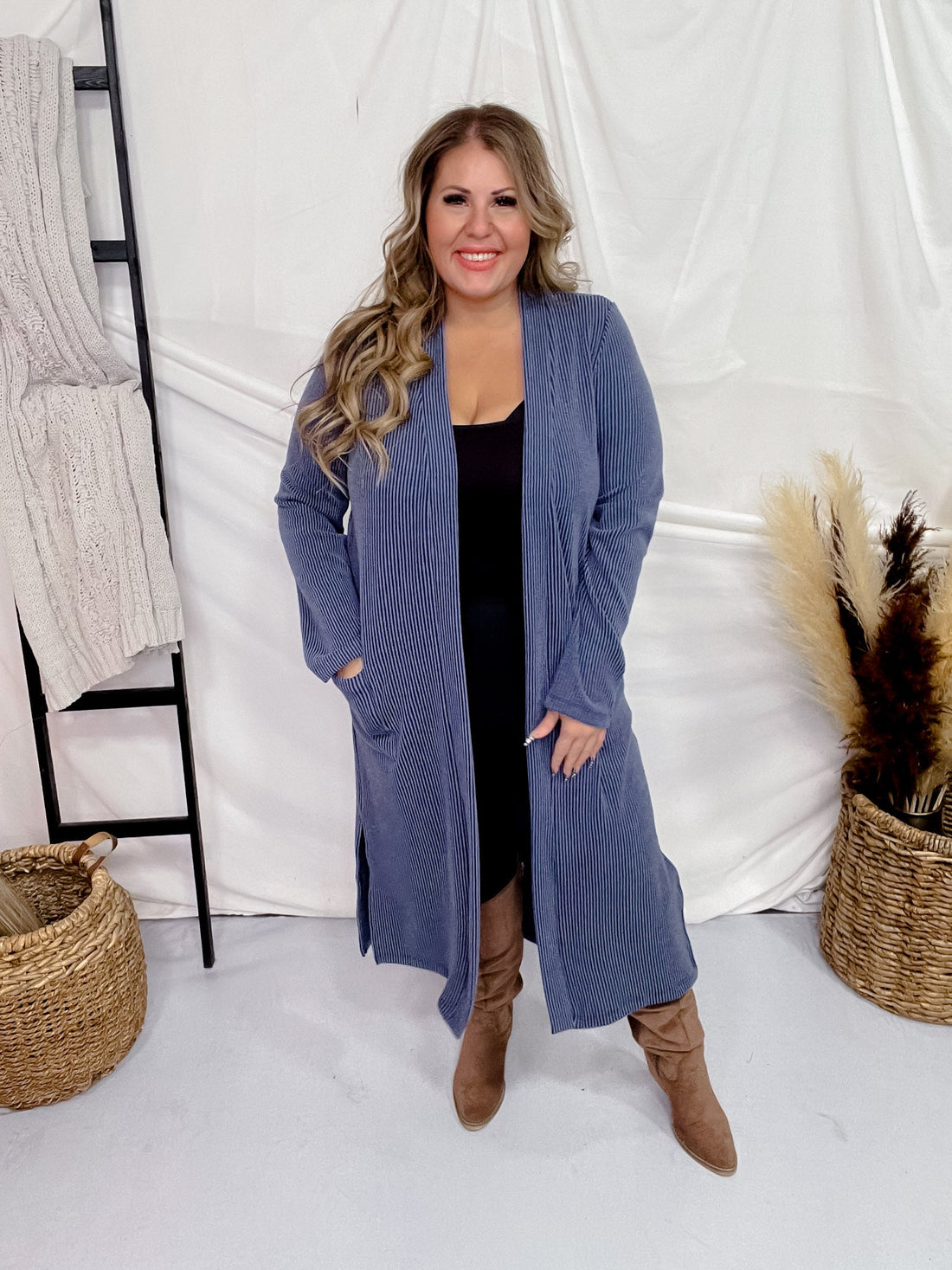 Navy Blue Long Ribbed Duster with Side Slits - Whiskey Skies - STYLIVE