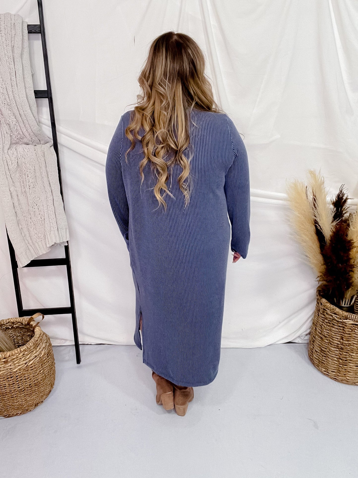 Navy Blue Long Ribbed Duster with Side Slits - Whiskey Skies - STYLIVE