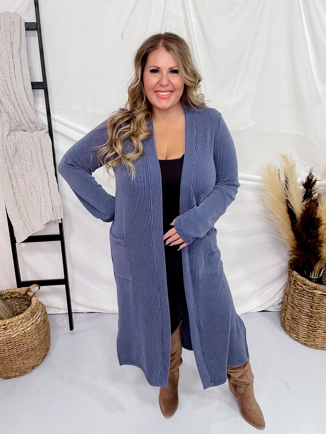 Navy Blue Long Ribbed Duster with Side Slits - Whiskey Skies - STYLIVE