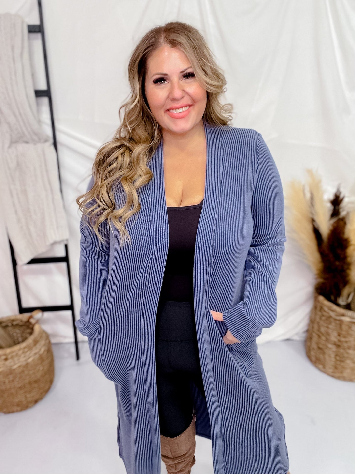 Navy Blue Long Ribbed Duster with Side Slits - Whiskey Skies - STYLIVE