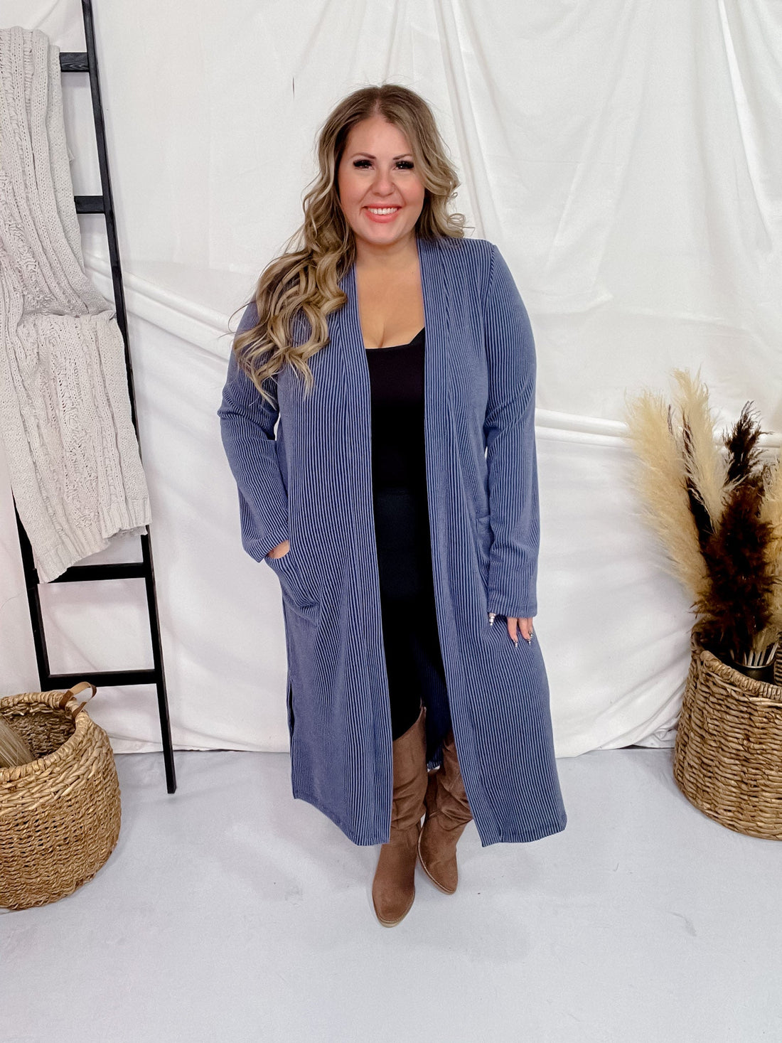 Navy Blue Long Ribbed Duster with Side Slits - Whiskey Skies - STYLIVE