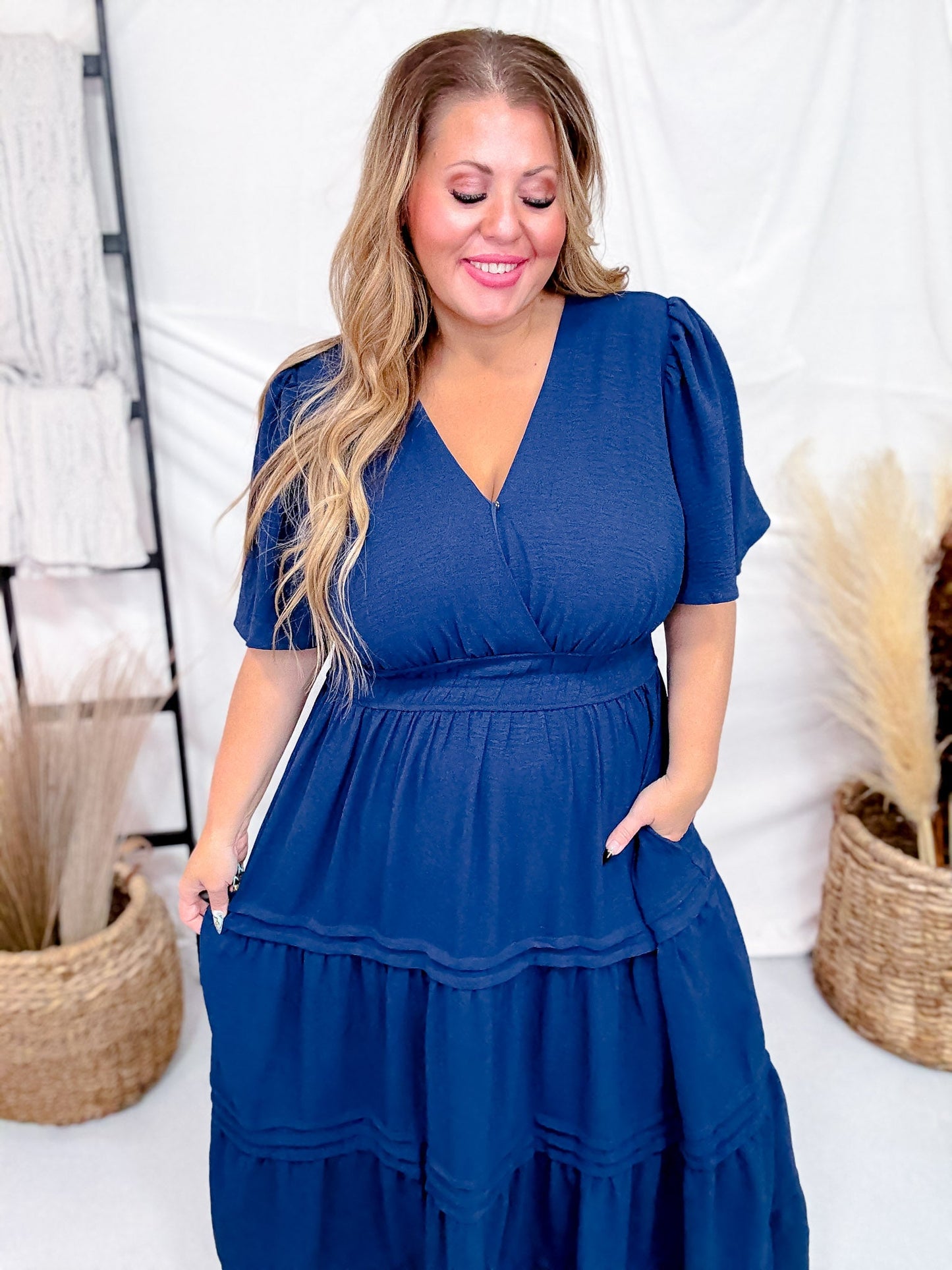 Navy Blue Short Sleeve Dress W/ Smocked Waist & Back Keyhole Closure - Whiskey Skies - SHE + SKY