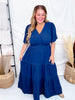Navy Blue Short Sleeve Dress W/ Smocked Waist & Back Keyhole Closure - Whiskey Skies - SHE + SKY