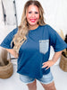 Navy Blue Short Sleeve Top with Denim Front Pocket - Whiskey Skies - SEW IN LOVE