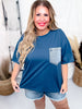 Navy Blue Short Sleeve Top with Denim Front Pocket - Whiskey Skies - SEW IN LOVE