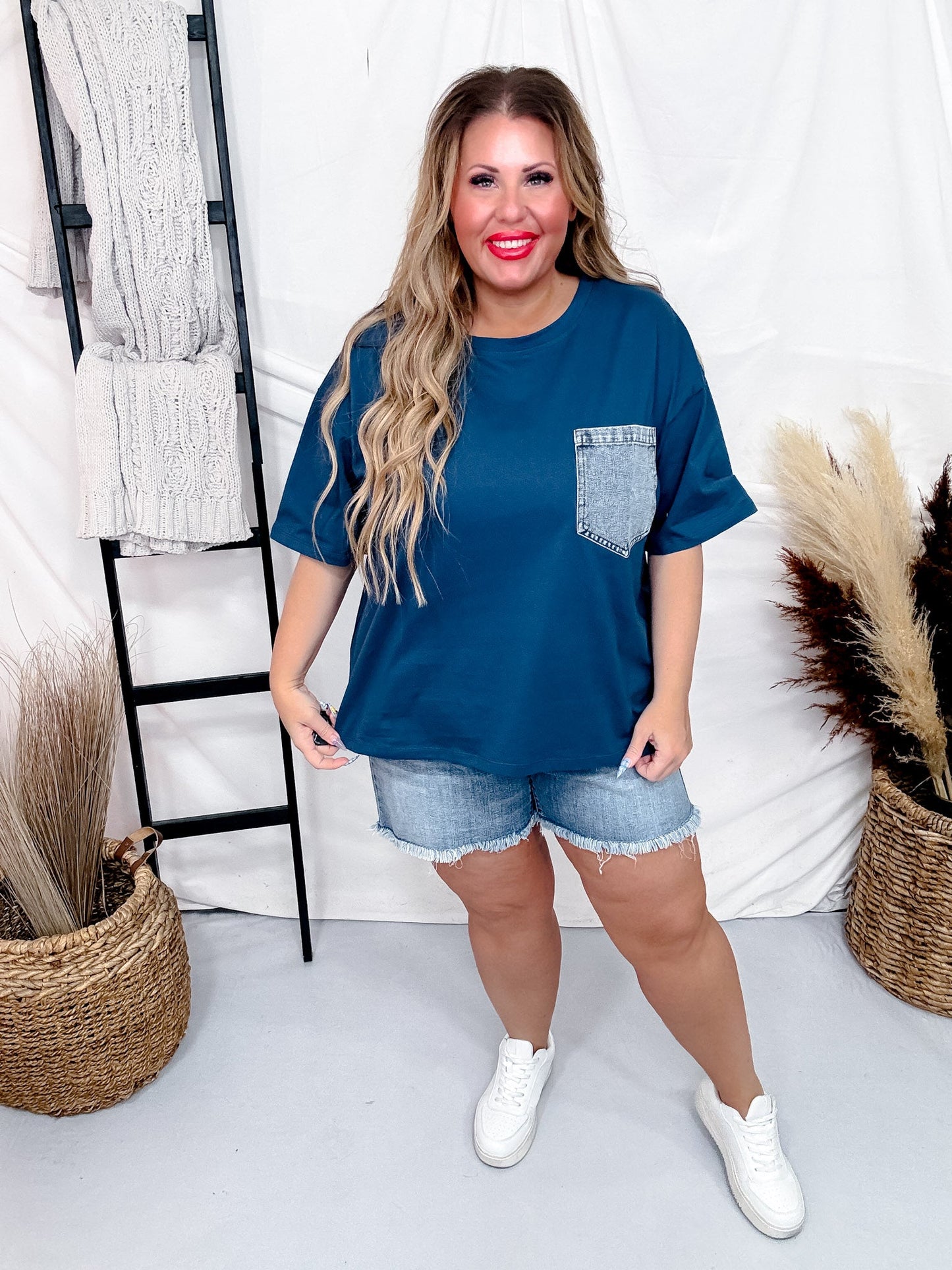 Navy Blue Short Sleeve Top with Denim Front Pocket - Whiskey Skies - SEW IN LOVE