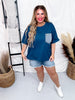 Navy Blue Short Sleeve Top with Denim Front Pocket - Whiskey Skies - SEW IN LOVE