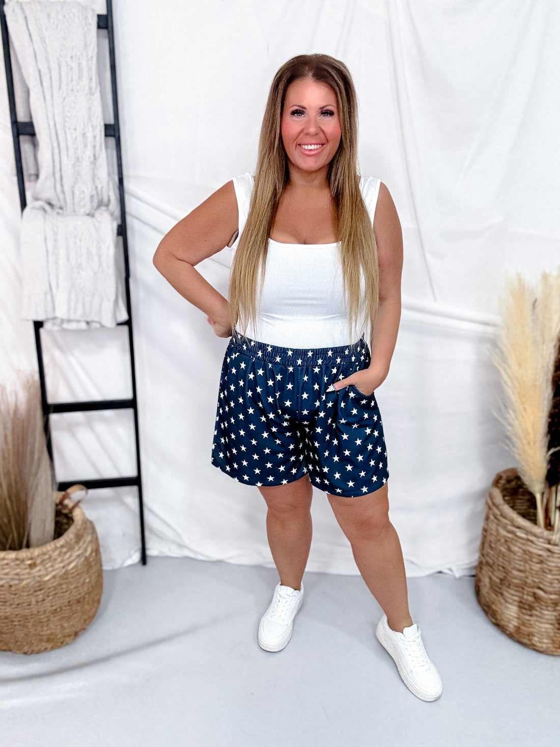 Navy Blue Star Print Elastic Waist Shorts - Whiskey Skies - SOUTHERN GRACE
